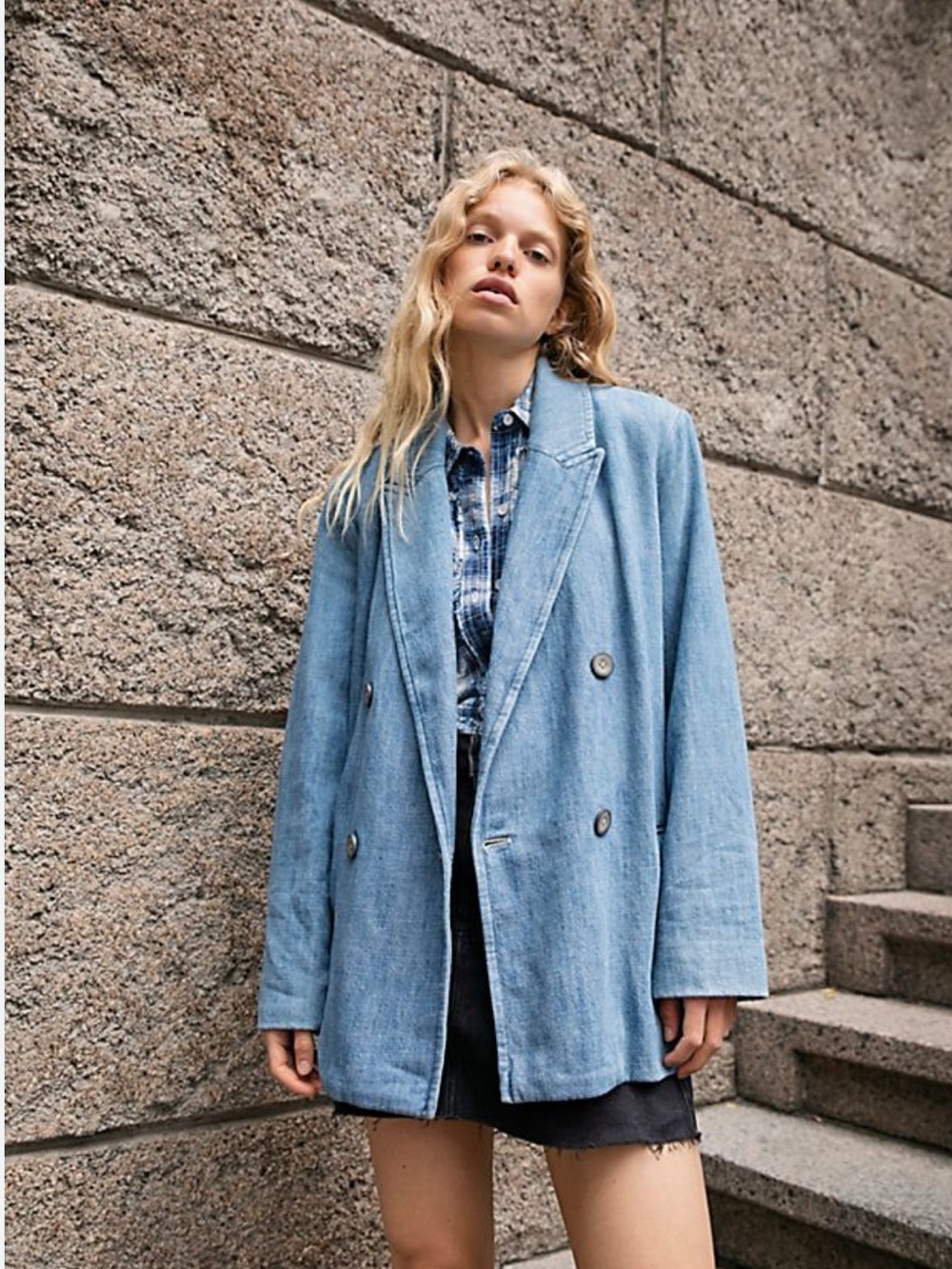 Free People Adriana Denim Double-Breasted Blazer - Picture 1 of 14